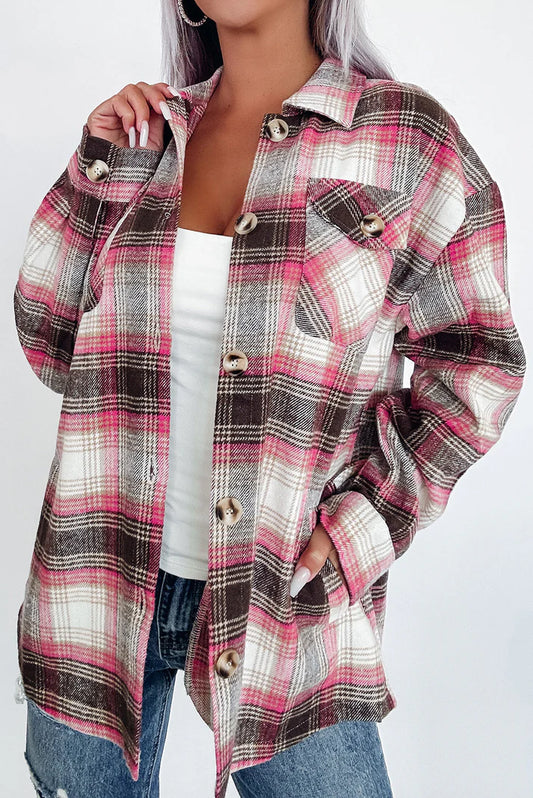 Casual Roze Plaid Flap Pocket Shacket | Xanel Shacket